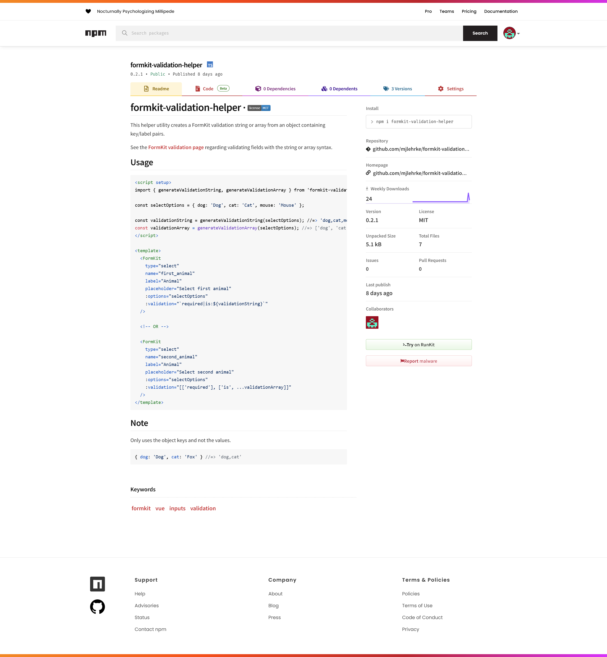 NPM screenshot for formkit-validation-helper